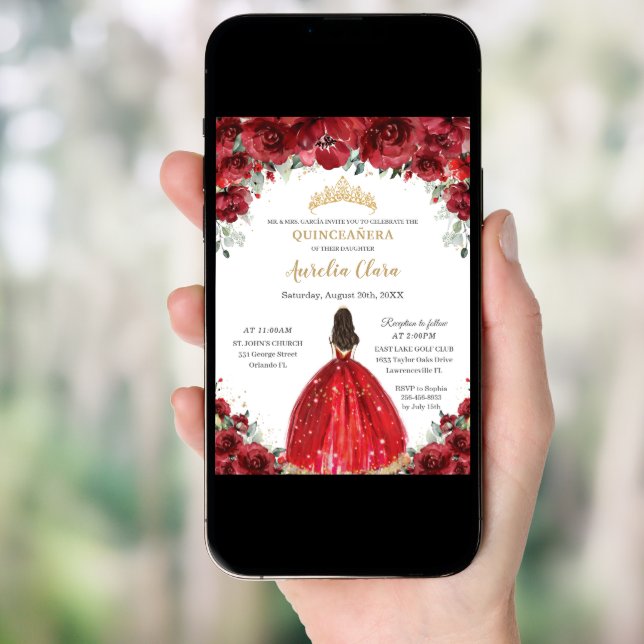 Chic Quinceañera Red Floral Roses Princess Tiara Invitation (Front Digital)