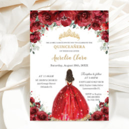 Chic Quincea&#241;era Red Floral Roses Princess Tiara Invitation