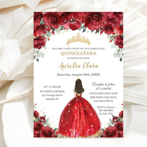 Chic Quinceaera Red Floral Roses Princess Tiara Invitation