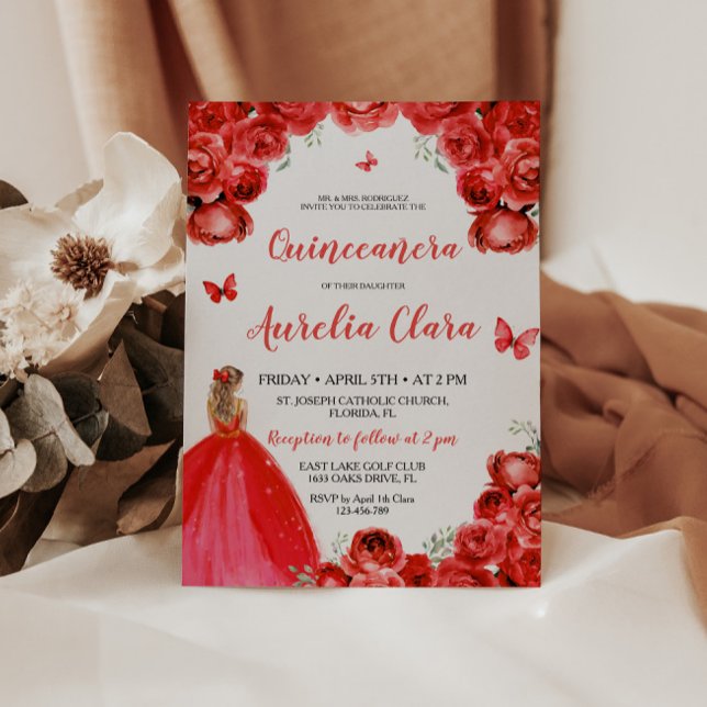 Chic Quinceañera Red Floral Roses Princess Tiara Invitation (Creator Uploaded)
