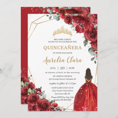 Chic Quinceaera Red Flowers Floral Brown Princess Invitation
