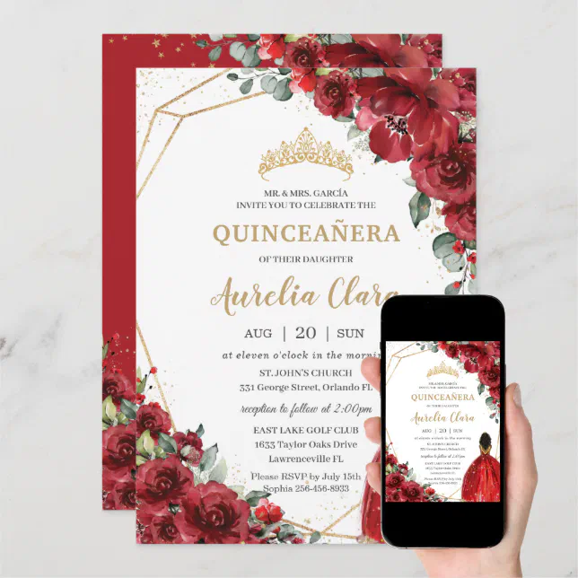 Chic Quinceañera Red Flowers Floral Brown Princess Invitation | Zazzle