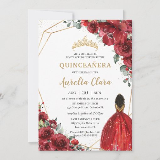 Chic Quinceañera Red Flowers Floral Brown Princess Invitation | Zazzle