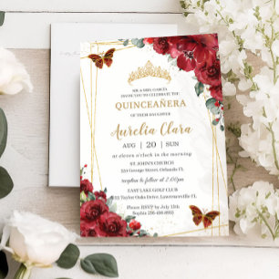 Chic Quinceañera Red Flowers Floral Gold Butterfly Invitation