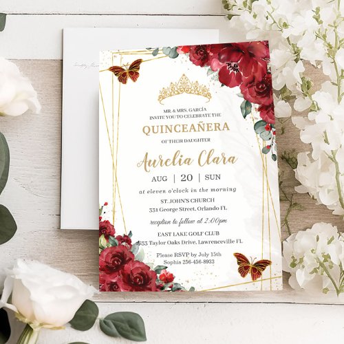 Chic Quinceaera Red Flowers Floral Gold Butterfly Invitation