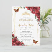 Chic Quinceañera Red Flowers Floral Gold Butterfly Invitation (Standing Front)