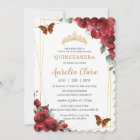 Chic Quinceañera Red Flowers Floral Gold Butterfly