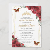 Chic Quinceañera Red Flowers Floral Gold Butterfly Invitation (Front)