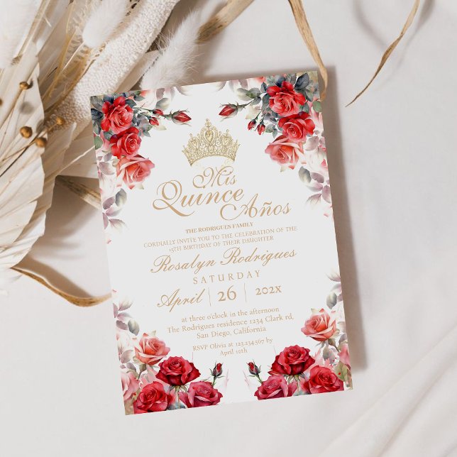 Chic Quinceanera - Red Gold Rose Invitation (Creator Uploaded)
