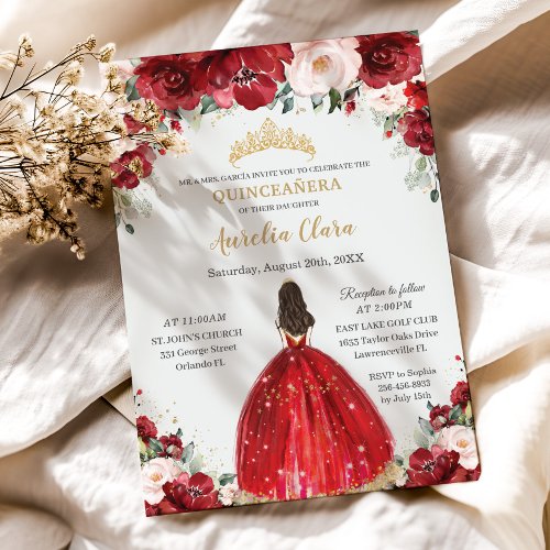 Chic Quinceaera Red Pink Floral Princess Dress Invitation