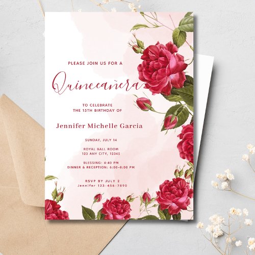 Chic Quinceaera Red Roses Floral Princess Invitation