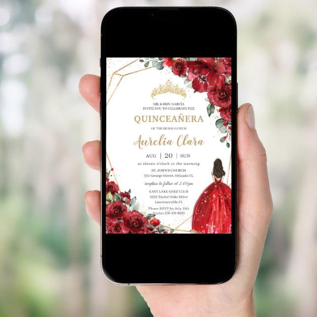 Chic Quinceañera Red Roses Flowers Floral Princess Invitation (Front Digital)