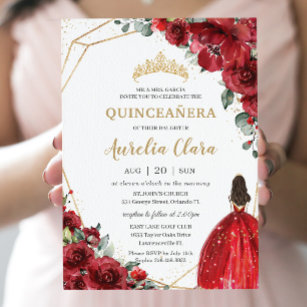 Chic Quinceañera Red Roses Flowers Floral Princess Invitation