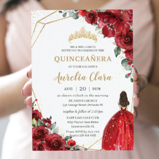 Chic Quinceañera Red Roses Flowers Floral Princess Invitation
