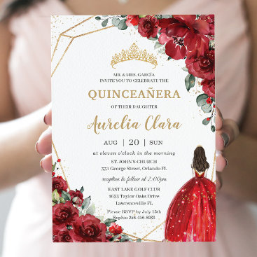 Chic Quinceañera Red Roses Flowers Floral Princess Invitation