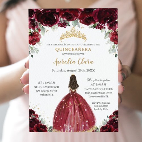 Chic Quinceaera Rich Burgundy Red Floral Princess Invitation