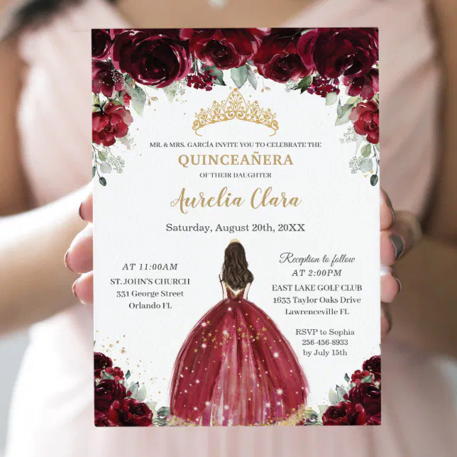 Chic Quinceañera Rich Burgundy Red Floral Princess Invitation | Zazzle