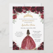 Chic Quinceañera Rich Burgundy Red Floral Princess Invitation (Front)