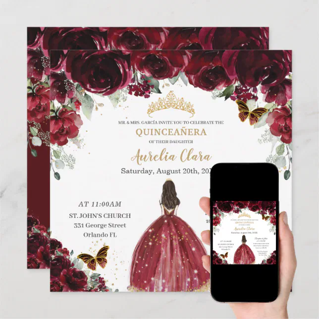 Chic Quinceañera Rich Burgundy Red Floral Princess Invitation Zazzle 4707