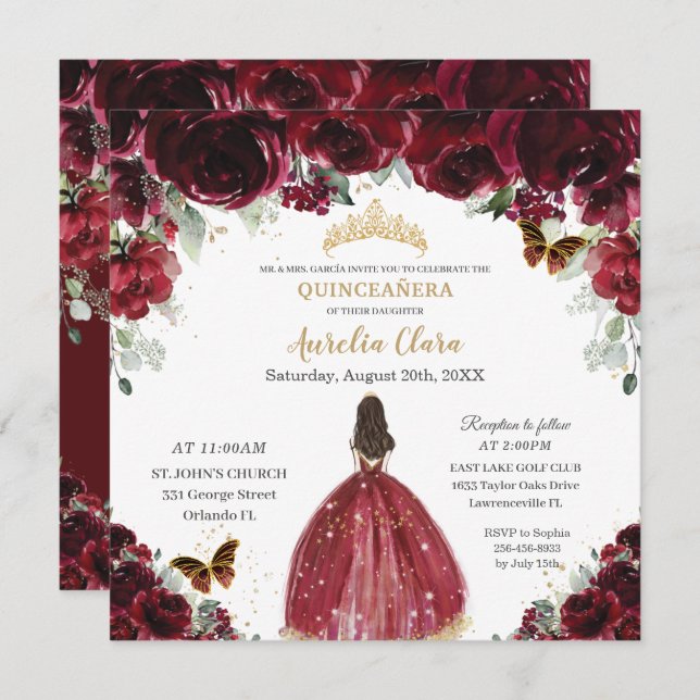 Chic Quinceañera Rich Burgundy Red Floral Princess Invitation (Front/Back)