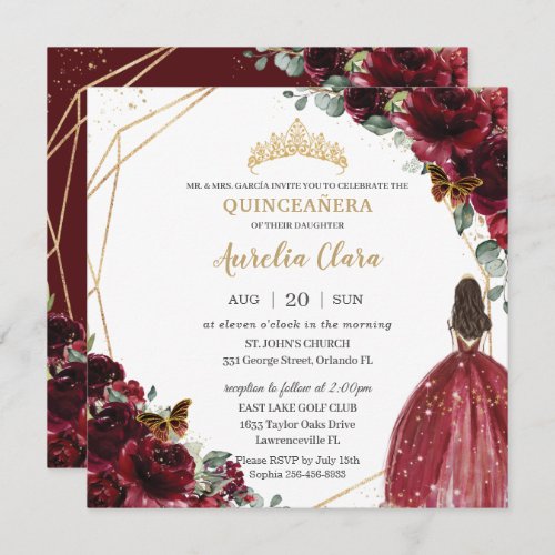 Chic Quinceaera Rich Burgundy Red Floral Tiara Invitation