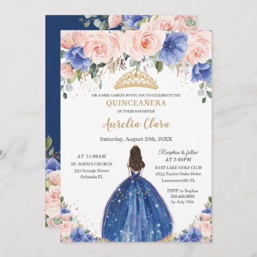 Chic Quinceaera Royal Blue Blush Floral Princess  Invitation