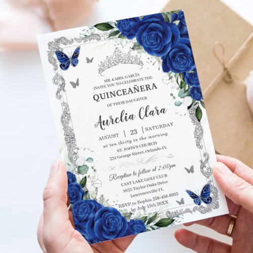 Chic Quinceaera Royal Blue Floral Vintage Silver Invitation