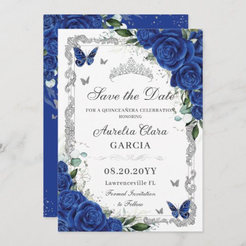 Chic Quinceaera Royal Blue Floral Vintage Silver Save The Date