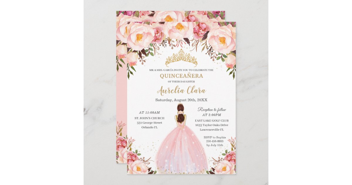 Chic Sage Green Baby Pink Floral Gold Quinceañera Invitation