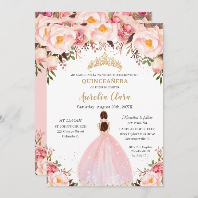 Chic Quinceañera Soft Blush Floral Princess  Invitation (Front/Back)