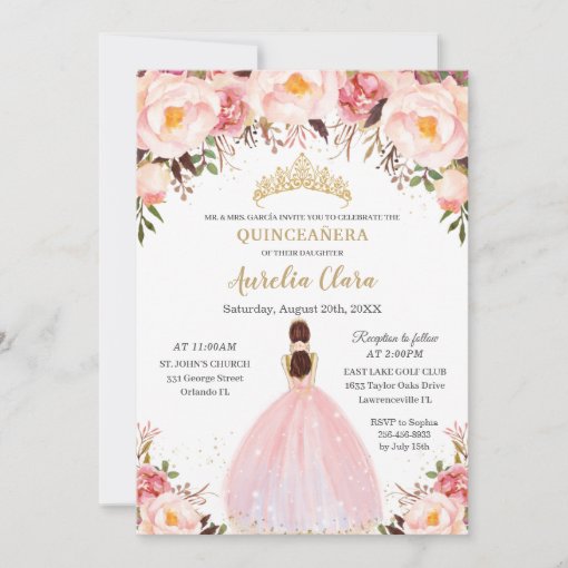 Chic Quinceañera Soft Blush Floral Princess Invitation | Zazzle