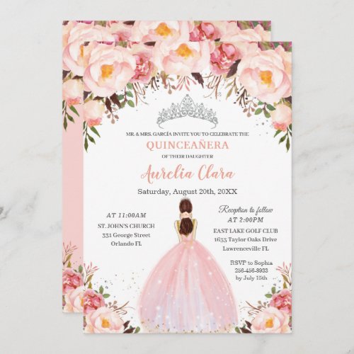 Chic Quinceaera Soft Blush Floral Princess Silver Invitation