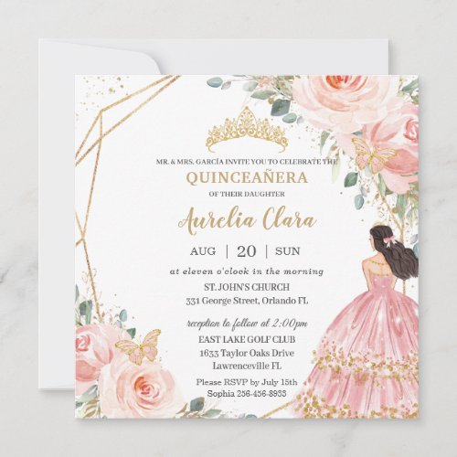 Chic Quinceaera Soft Blush Pink Floral Princess Invitation