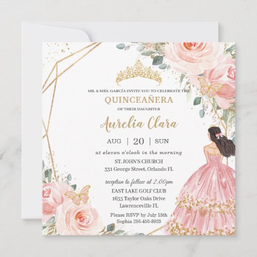 Chic Quinceañera Soft Blush Pink Floral Princess Invitation | Zazzle