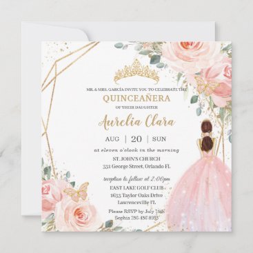 Chic Quinceañera Soft Blush Pink Floral Tiara Invitation