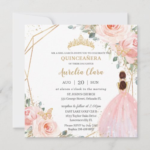 Chic Quinceaera Soft Blush Pink Floral Tiara Invitation