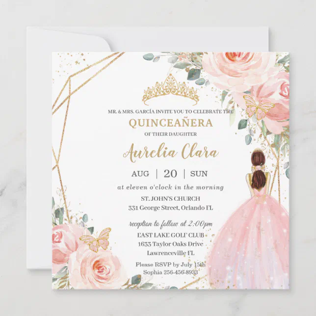 Chic Quinceañera Soft Blush Pink Floral Tiara Invitation | Zazzle