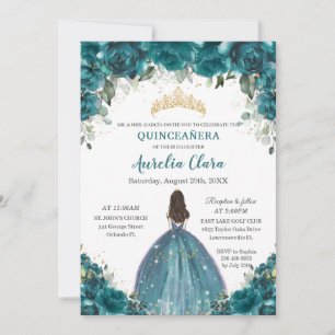 Chic Quinceañera Teal Cyan Floral Princess Crown Invitation