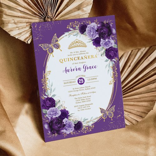 Chic Quinceaera Violet Gold Flower Butterfly Invitation