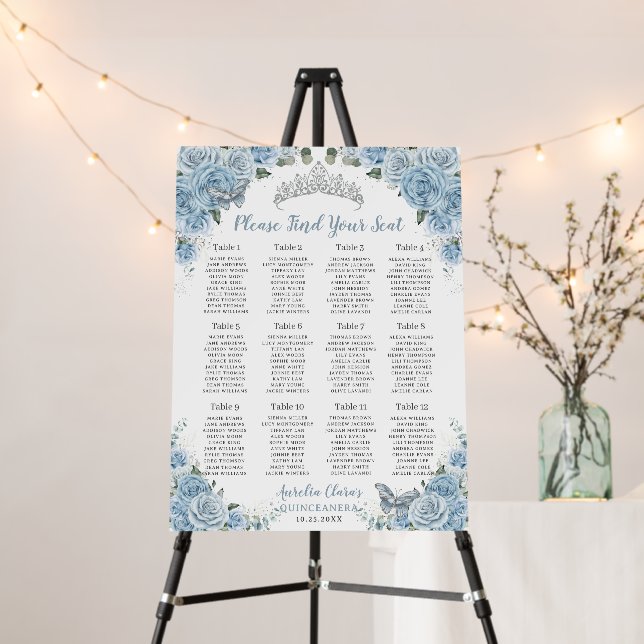 Chic Quinceañera XV Baby Blue Floral Seating Chart Foam Board (In Situ (Stand))