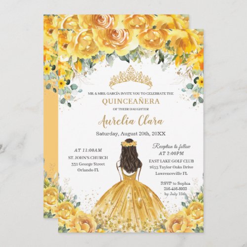 Chic Quinceaera Yellow Floral Princess Birthday Invitation