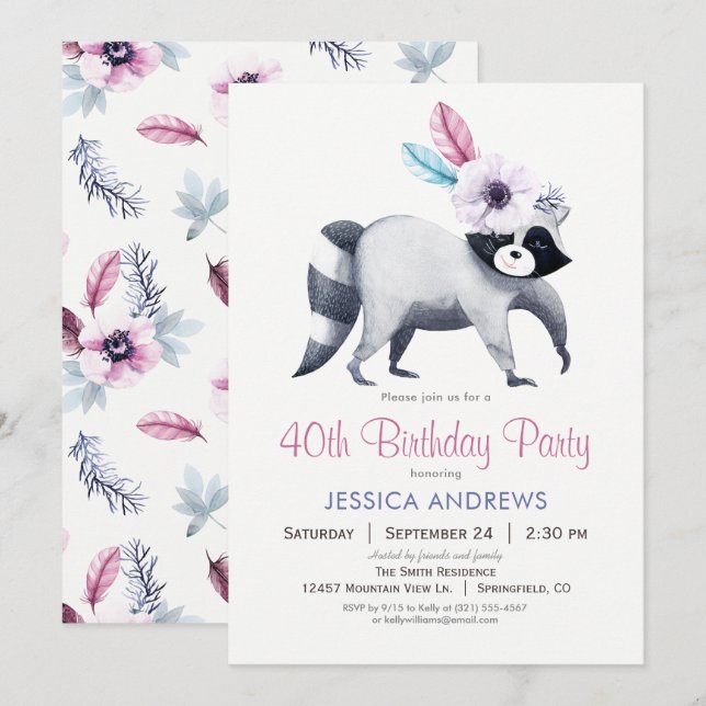 Chic Raccoon Birthday Party Invitation (Front/Back)