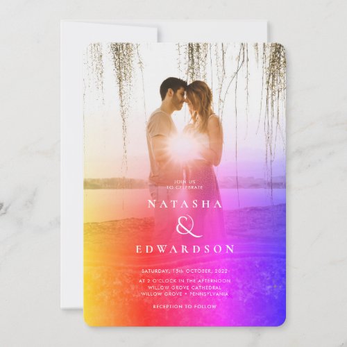 Chic Rainbow Abstract Overlay Photo Wedding Invitation