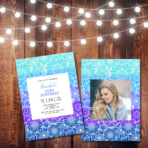 Chic Rainbow Blue Stripes Floral Photo Birthday  Invitation