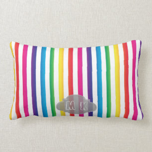 Chic Rainbow Color Stripes Pattern Custom Monogram Lumbar Pillow