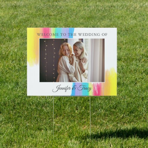 Chic Rainbow Couple Photo Wedding Welcome Yard Sign