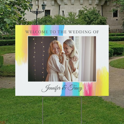 Chic Rainbow Couple Photo Wedding Welcome Yard Sign