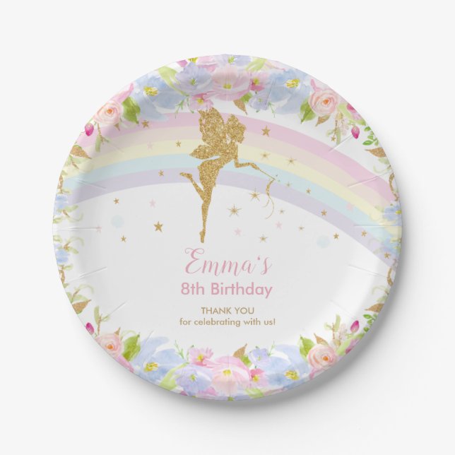 Chic Rainbow Fairy Girl Birthday Pink Floral Paper Plates (Front)