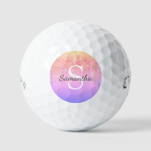 Chic Rainbow Glitter Drips Sparkle Monogram Name Golf Balls