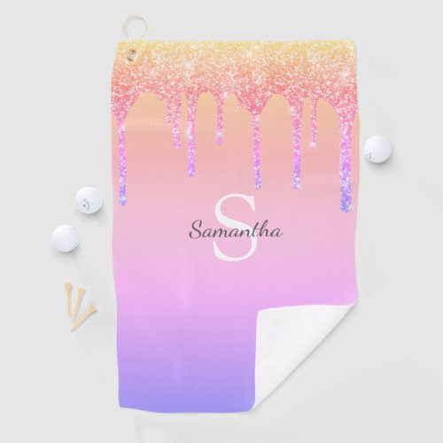 Chic Rainbow Glitter Drips Sparkle Monogram Name Golf Towel